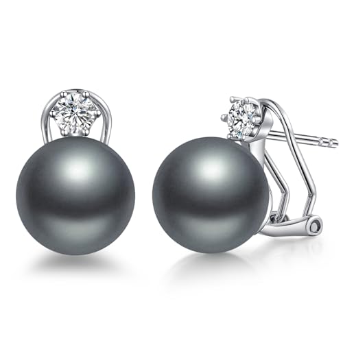 Perle Ohrringe für Damen 925 Sterling Silber Perle mit Cubic Zirkonia Diamant Ohrstecker Perlen Schmuck Schwarz Perlen 13 mm von Jiahanzb