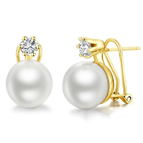 Perle Ohrringe für Damen 925 Sterling Silber Perle mit Cubic Zirkonia Diamant Ohrstecker Perlen Schmuck Weiße Perlen 13 mm von Jiahanzb