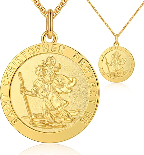 Jiahanzb St. Saint Christopher Halskette für Herren 925 Sterling Silber Christopher Medal Religiöser Beschützer Anhänger für Damen (A: Round Gold) von Jiahanzb