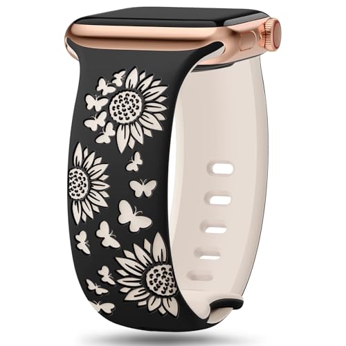 Floraler Gravur Kompatibel mit Apple Watch-Armband 41 mm 40 mm 38 mm 42 mm (Serie 10). Damen Weiches Silikon-Sportarmband für iWatch-Serie SE 10 9 8 7 6 5 4 3 2 1 Ultra von Jiamus