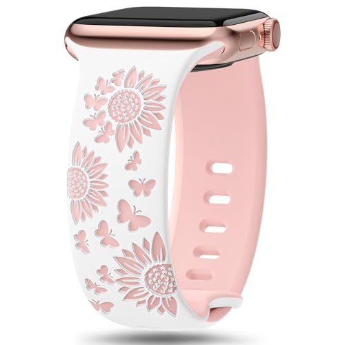 Floraler Gravur Kompatibel mit Apple Watch-Armband 41 mm 40 mm 38 mm 42 mm (Serie 10). Damen Weiches Silikon-Sportarmband für iWatch-Serie SE 10 9 8 7 6 5 4 3 2 1 Ultra von Jiamus