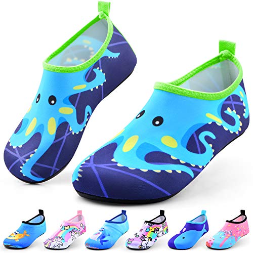 Jiamus Kinder Badeschuhe Wasserschuhe Schwimmschuhe Strandschuhe Aquaschuhe Schnell Trocknend Barfuss Schuhe für Jungen Mädchen Kleinkind Säugling Yoga Unisex Beach Pool,B,Blau Oktopus(32/33 EU) von Jiamus