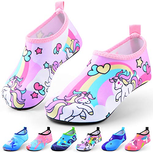 Jiamus Kinder Badeschuhe Wasserschuhe Schwimmschuhe Strandschuhe Aquaschuhe Schnell Trocknend Barfuss Schuhe für Jungen Mädchen Kleinkind Säugling Yoga Unisex Beach Pool,A,Rosa Einhorn(26/27 EU) von Jiamus