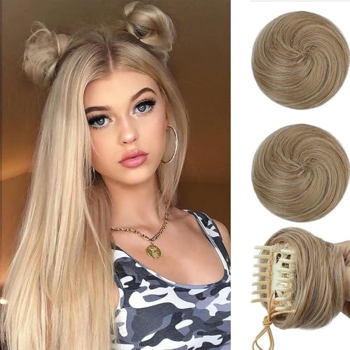 Dutthaar, 2 Stück Space Buns Mini Claw Clip in Haarknoten-Extensions Unordentliche Katzenohren Perückenzubehör Synthetische Donut-Hochsteckfrisur Haarteile for Mädchen für Damen(Light golden brown) von Jian1004