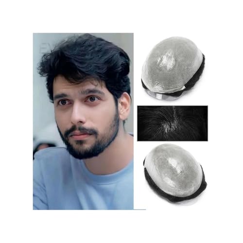 Herrenperücken, Herren-Toupet, langlebig, dünne Haut, volle Basis, männliche Echthaar-Perücken, 0,06 mm, Herren-Haarsystem(Off Black,7x9) von Jian1004