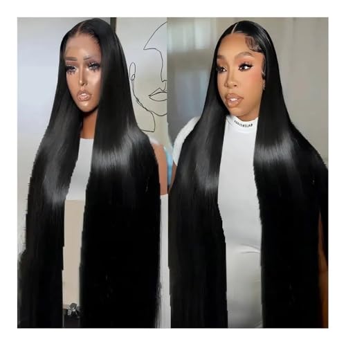 Perücken, 200 Dichte schwarze Damen-Perücke, brasilianische Perücke, Echthaar, 13 x 4 Knochen, glattes Haar, HD, durchsichtige Spitzenperücke,Perücken Echthaar(18inch) von Jian1004