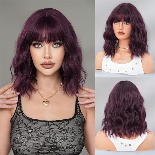 Perücken, Kurze lockige Bob-Perücke for Damen mit Pony – hitzebeständige Kunstfaser,Perücken Echthaar(Rose red) von Jian1004