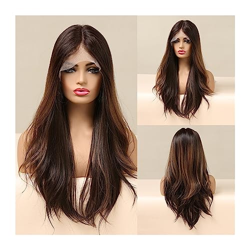 Perücken, Lange braune Lace-Front-Perücke aus synthetischem Naturhaar, blonde Highlight-Lace-Frontal-Perücke for Frauen, Cosplay-Perücken mit hoher Dichte,Perücken zur Abdeckung von Haarausfall von Jian1004