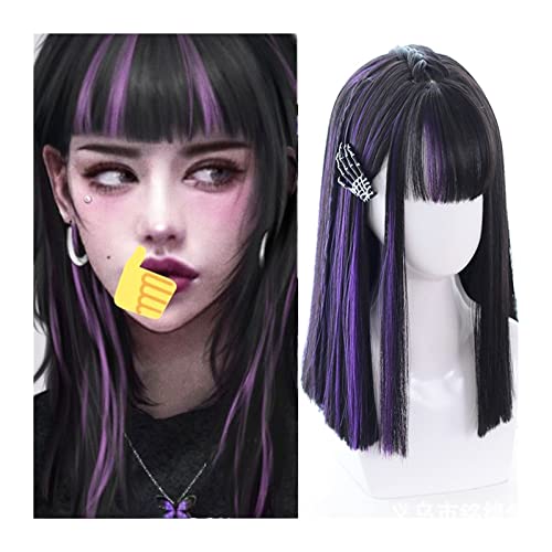 Perücken, Mittellange Perücke mit glattem Haar und Pony, Synthetik, lila Highlights, schwarze Pony-Perücke, natürlich aussehende tägliche Cosplay-Party-Perücke for Frauen und Mädchen,Perücken zur Abd von Jian1004