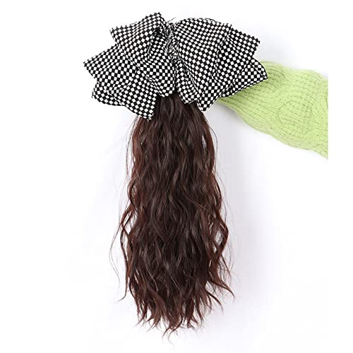 Perücken, Perücke Pferdeschwanz Schleife Haarschmuck Mädchen Greifclip Wasser Ripple Pferdeschwanz Zopf Hochwertige Perücke,Perücken zur Abdeckung von Haarausfall(Dark brown,Checkerboard bow) von Jian1004