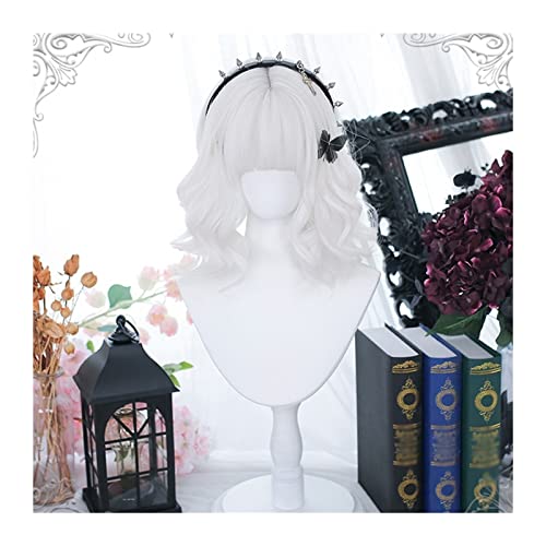 Perücken, Reinweiße Perücke mit Pony for Frauen Mädchen, kurze Bob-Wellen-Locken-Synthetik-Perücke, weiße lockige Bob-Lolita-Cosplay-Perücke mit Pony,Perücken zur Abdeckung von Haarausfall von Jian1004