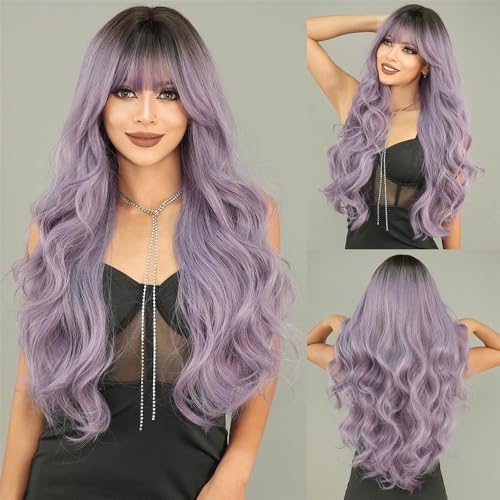 Perücken, Rotbraune Perücke, langes lockiges Haar, Perücke for Damen, tägliche synthetische Perücken mit Pony,Perücken Echthaar(Purple) von Jian1004