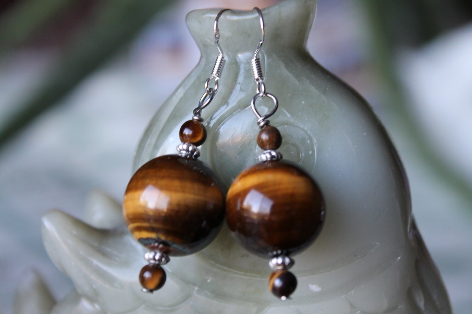 Gelbe Runde Tiger Eye Ohrringe, Sterling Silber Haken von JianBeadsJewelry