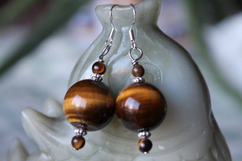 Gelbe Runde Tiger Eye Ohrringe, Sterling Silber Haken von JianBeadsJewelry