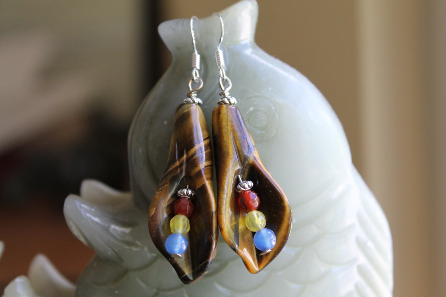 Gelbe Tiger Auge Blume Mit Achatohrringe, Sterling Silber Haken von JianBeadsJewelry