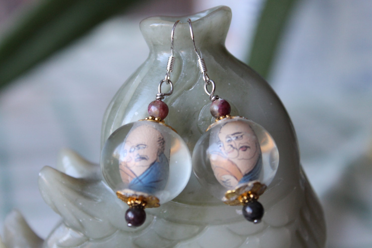 Glas Innen Bemalt Buddha Mit Turmalin Halskette, Sterling Silber Haken von JianBeadsJewelry