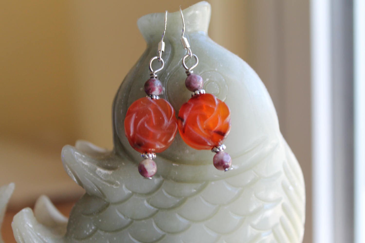 Orange Achat Geschnitzt Blume Mit Turmalin Ohrringe, , Sterling Silber Haken | Kostenlosen Versand von JianBeadsJewelry