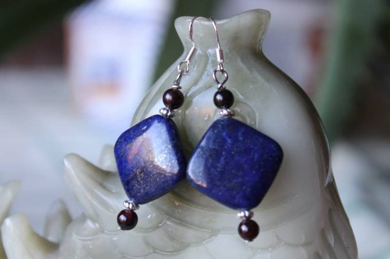 Quadrat Lapis Lazuli Ohrringe, Sterling Silber Haken von JianBeadsJewelry