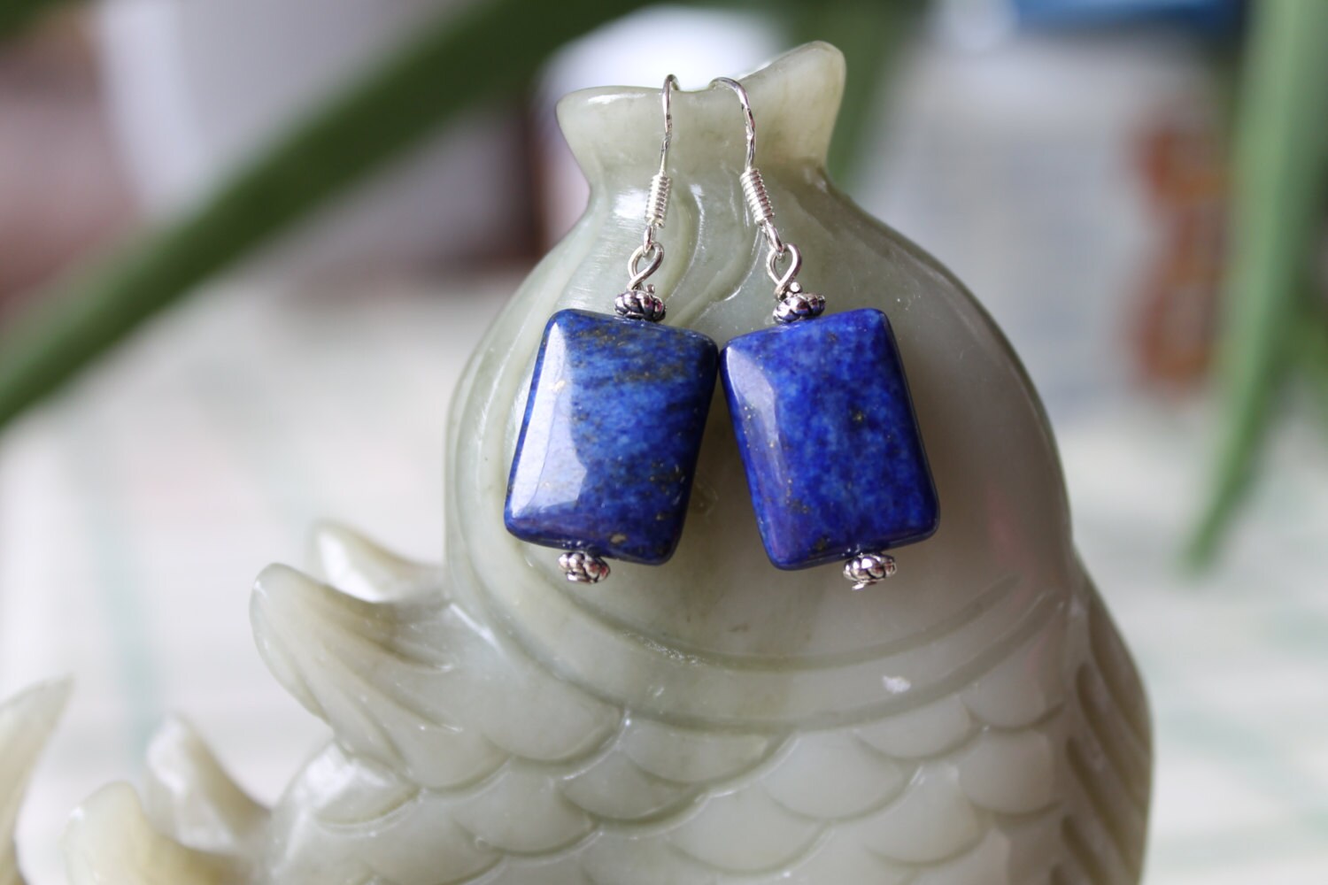 Rechteck Lapislazuli Ohrringe, Sterling Silber Haken von JianBeadsJewelry