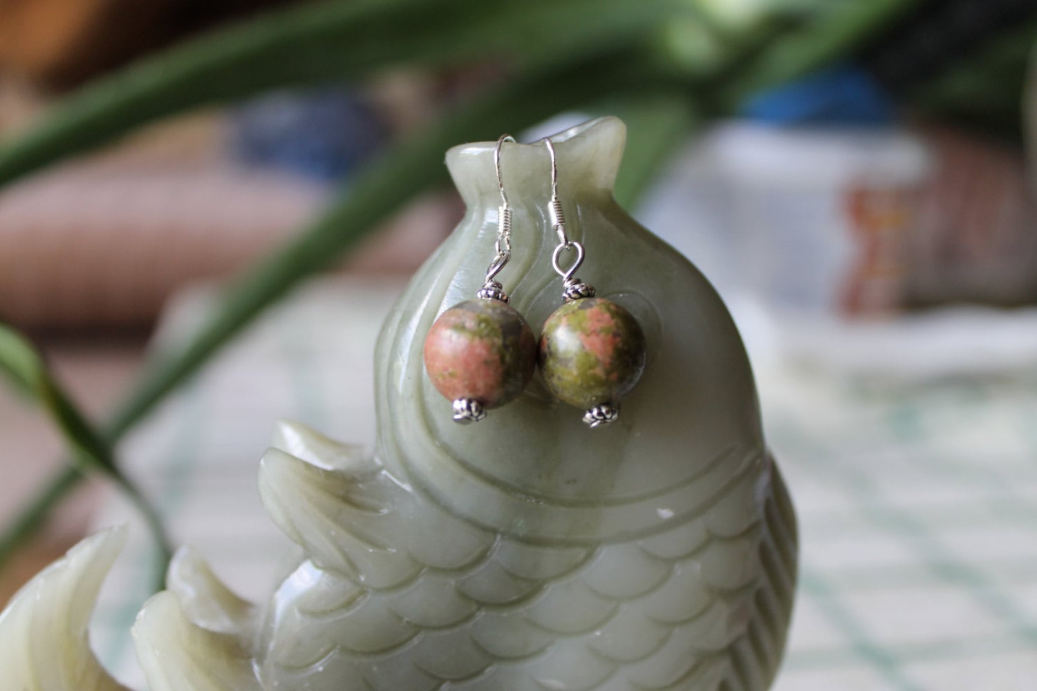 Runde Unakit Ohrringe, Sterling Silber Haken von JianBeadsJewelry