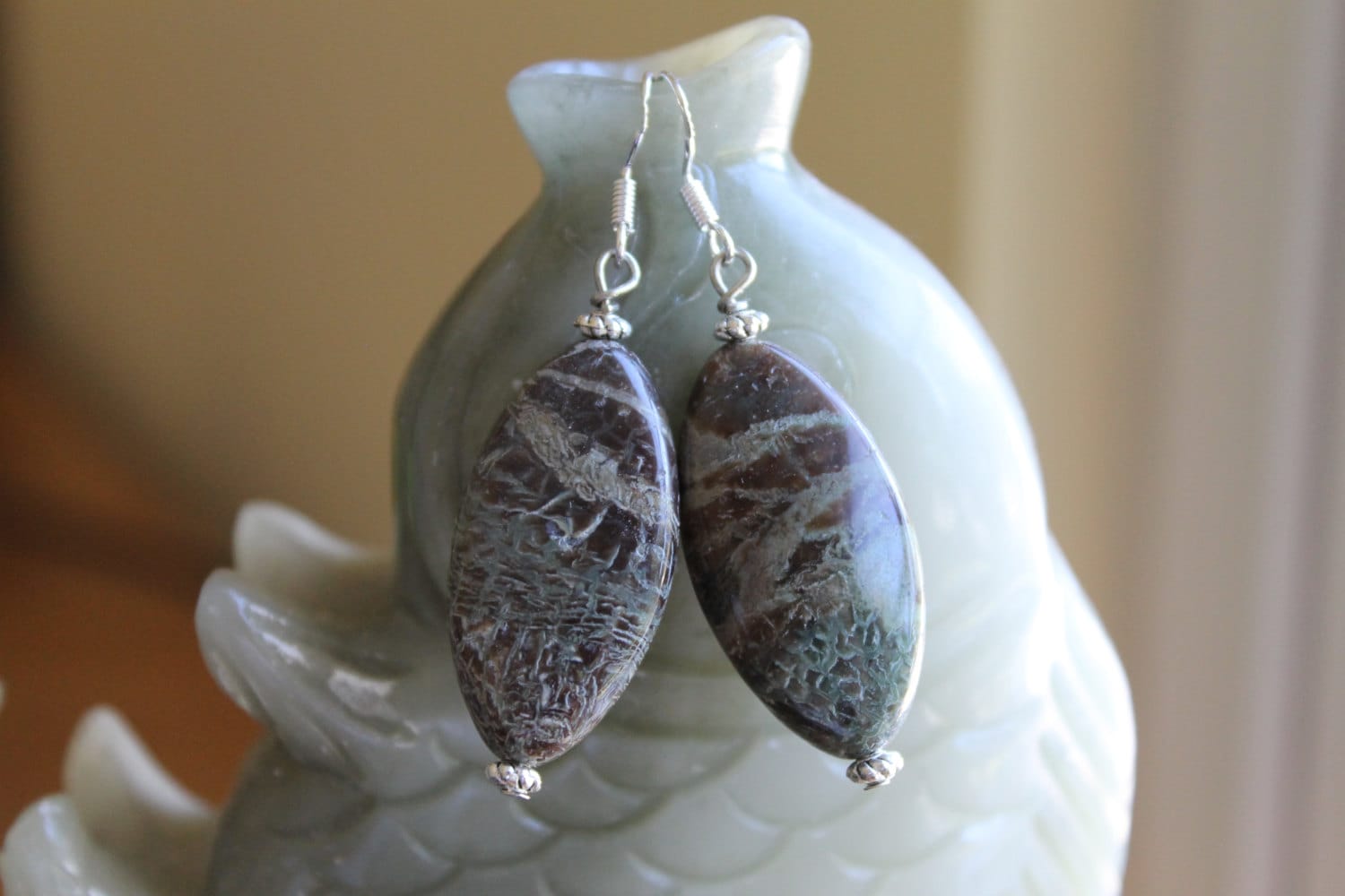 Schöne Schlangenhaut Jaspis Ohrringe, Sterling Silber Haken 01 von JianBeadsJewelry