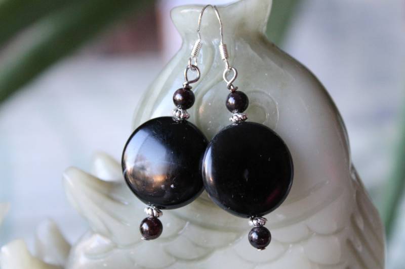 Schwarze Münze Onyx Ohrringe, Sterling Silber Haken von JianBeadsJewelry