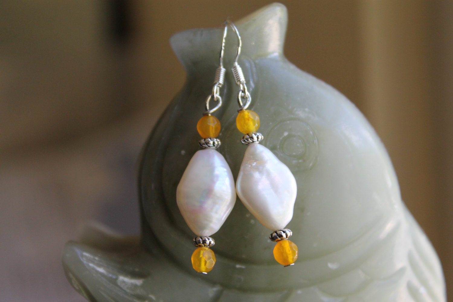 Süßwasser-Zuchtperlen Mit Gelben Achatohrringe, Sterling Silber Haken von JianBeadsJewelry