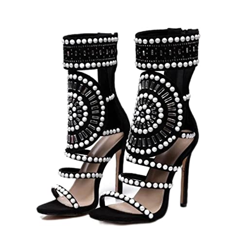 Jiangke Damenmode offener Zehenbereich Strass-Design High Heel Sandalen Kristall Knöchel Wrap Glitzer Gladiator Schwarz Größe 35-42 - Schwarz, 4 von Jiangke