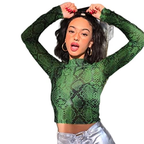 Jiangke Lässiges grünes Schlangenprint T-Shirt Damen Mesh Top Langarm Transparent Schlangenhaut Damen T-Shirt Hoher Kragen Neun Punkt Oberteil-Grün,L von Jiangke
