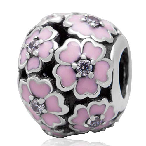 925 Sterling Silber Rose Charm Blume Charm Liebe Charm Jahrestag Charm Glücksbringer für Pandora Bettelarmband (Pink) von Jiarong Charms