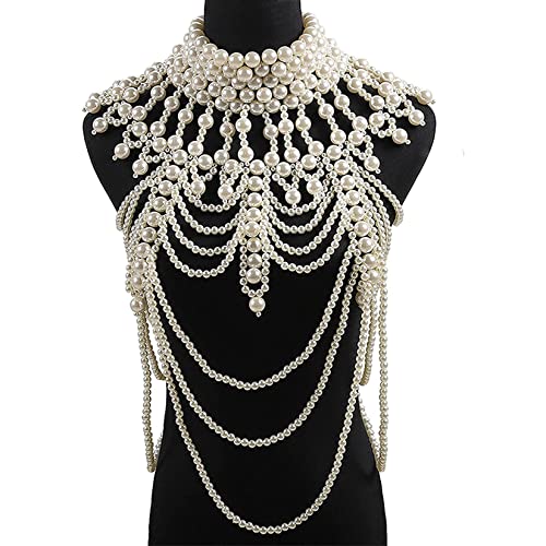 Perlenkörperkette Halskette Für Frauen Perlenkörperkette Handgefertigt BH Perl Schulter Schmuck Körperkette Für Party Hochzeits Show Dinner Bankett Cosplay Dressaccessoires,Weiß von Jiawinng