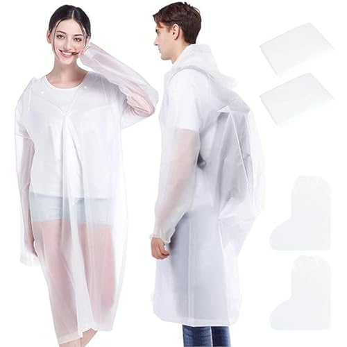 Jicyor 2 Stück Regenponcho Regenmantel Herren Damen Wasserdicht EVA Wiederverwendbarer Regenmantel mit Kapuze und Langarm, Ausgestattet mit zwei Paaren Regenschuhabdeckungen von Jicyor