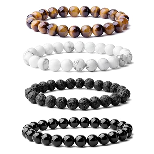 Jicyor Armband Herren，4 Stück 8mm Perlenarmband Herren Hergestellt Aus Tiger Eye Stone Vulkan Schwarzer Kristall Weißer Pinus ist Ein Gutes Geschenk für Männliche Freunde von Jicyor