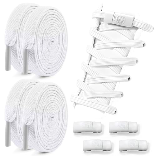 Jicyor Schnürsenkel Ohne Binden，2 Paar Elastische Schnürsenkel Weiß mit Metallkapseln Schnellverschließbare Schnüre für Erwachsene und Kinder von Jicyor