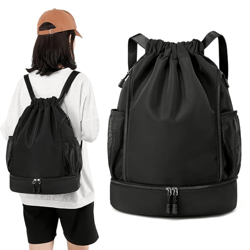 Jidyllic DrawMode Sport Rucksäcke,Verstellbar Tunnelzug Rucksack mit Reißverschluß Wasserdicht Sport Turnbeutel Wasserdicht Sportbeutel Fußballtasche mit Aussentasche für Damen Herren Kinder(Schwarz) von Jidyllic