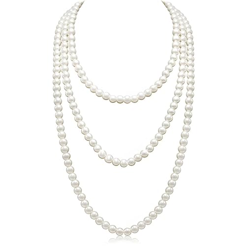 Jidyllic Vintage Perlenkette,150cm Lange Perle HalsketteImitation Perlenkette weiß Perlenkette 1920s Lange Perle Halskette für Party Abschlussball Hochzeit Festival von Jidyllic