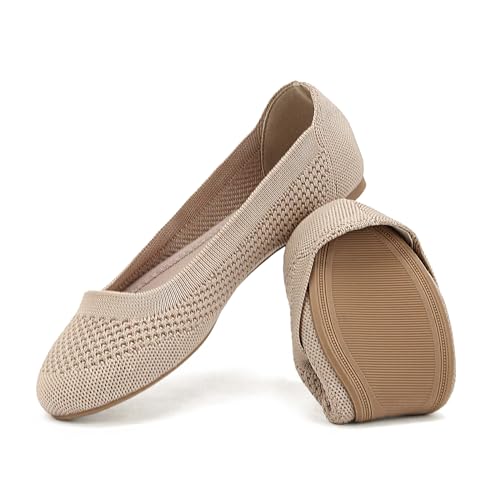 Jifenkla Ballerinas Damen Flache Atmungsaktive Schuhe Knit Kleid Runde Zehe Loafer Slip On Walking Ballerina Sommerschuhe Niedriger Weich, Beige, EU 41.5 von Jifenkla