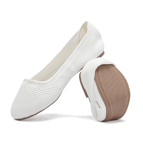 Jifenkla Ballerinas Damen Flache Atmungsaktive Schuhe Knit Kleid Runde Zehe Loafer Slip On Walking Ballerina Sommerschuhe Niedriger Weich, Weiß, EU 39.5 von Jifenkla