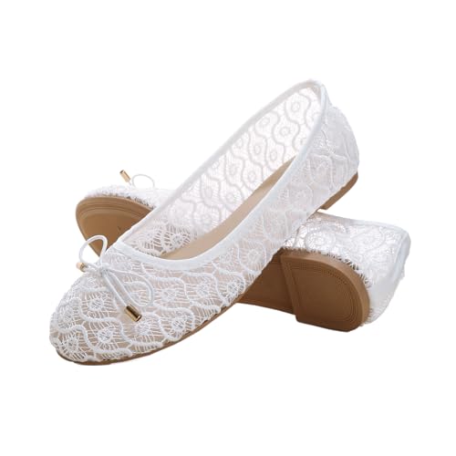 Jifenkla Ballerinas Schuhe Damen, Elegant Flache Lace Schuhe Slip On Knit Kleid Leichte Sommerschuhe, Bequem Barfußschuhe Ballerinas Atmungsaktive Walking Slipper Loafer Stoffschuhe, Weiß, EU 37 von Jifenkla