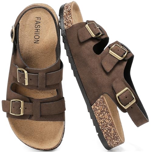 Jifenkla Pantoletten Sandalen Damen Mit Kork Fußbett Schlappen Sommer Verstellbaren Riemen Hausschuhe Sandalens Herren Rutschfest Latschen Gummisohle Bequeme Schuhe für Trekking Sandaletten von Jifenkla
