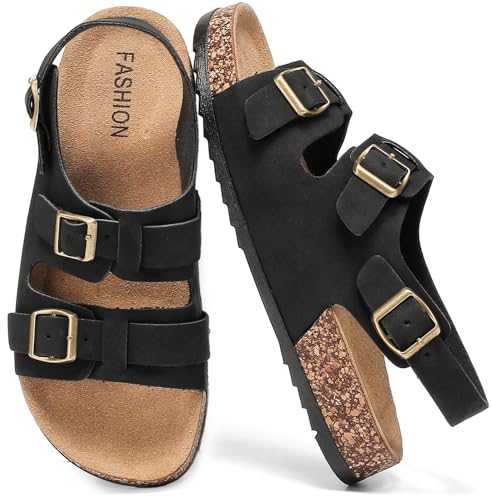 Jifenkla Pantoletten Sandalen Damen Mit Kork Fußbett Schlappen Sommer Verstellbaren Riemen Hausschuhe Sandalens Herren Rutschfest Latschen Gummisohle Bequeme Schuhe für Trekking Sandaletten von Jifenkla