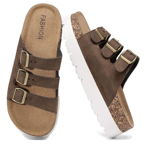 Jifenkla Plateau Pantoletten Damen Bequeme Sandalen mit Kork-Fußbett, mit Verstellbaren Schnallenriemen Schlappen, Sommer weiche Hausschuhe mit Leicht Rutschfeste Sohle von Jifenkla