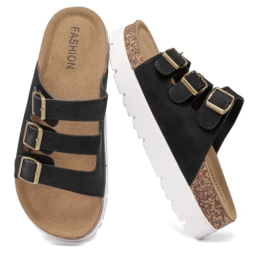Jifenkla Plateau Pantoletten Damen Bequeme Sandalen mit Kork-Fußbett, mit Verstellbaren Schnallenriemen Schlappen, Sommer weiche Hausschuhe mit Leicht Rutschfeste Sohle von Jifenkla