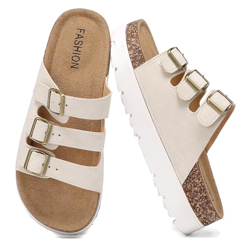Jifenkla Plateau Pantoletten Damen Bequeme Sandalen mit Kork-Fußbett, mit Verstellbaren Schnallenriemen Schlappen, Sommer weiche Hausschuhe mit Leicht Rutschfeste Sohle von Jifenkla