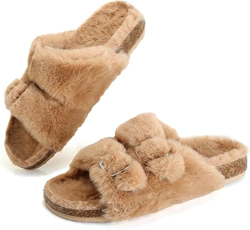 Jifenkla Plüsch Einstellbar Flache Hausschuhe Damen, Winter Warme Pelzige Offene Zehenpartie Pantoffeln, Flauschige Kunstfell Schlappen, Beige, EU 36 von Jifenkla