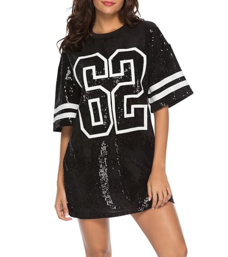 Jigfar Damen Glitzernde Pailletten Kurzarm T-Shirt Kleid Casual Lose Süße Tunika Bluse, A Schwarz, XX-Large Jigfar Damen Glitzernde Pailletten Kurzarm T-Shirt Kleid Casual Lose Süße Tunika Bluse, A Schwarz, XX-Large von Jigfar