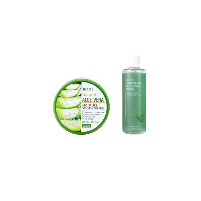 Jigott - Moisture Real Aloe Vera Toner - 300ml (1ea) + Natural Aloe Vera Moisture Soothing Gel - 300ml (1ea) Set von Jigott