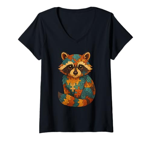 Damen Jigsaw Puzzle Raccoon T-Shirt mit V-Ausschnitt Damen Jigsaw Puzzle Raccoon T-Shirt mit V-Ausschnitt von Jigsaw Puzzle Raccoon Apparel