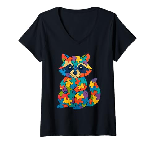 Damen Jigsaw Puzzle Raccoon T-Shirt mit V-Ausschnitt von Jigsaw Puzzle Raccoon Apparel