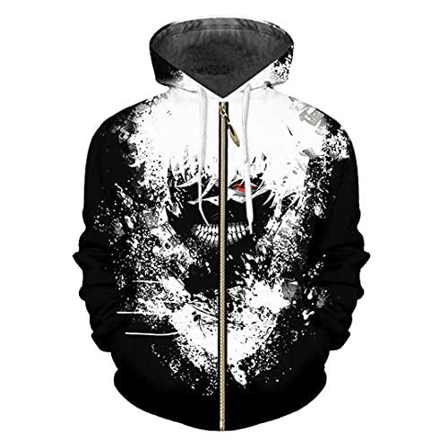 Jiheanyst Mann 3D bedruckte Cartoon Zip Hoodies Klassischer Anime Herren Spandex Lässiger Reißverschluss Mantel, Tokyo Ghoul, XXL von Jiheanyst